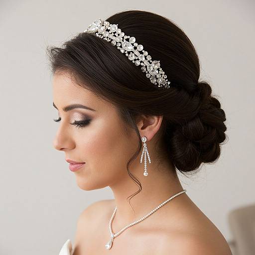 Photograph of a beautiful South Asian bride with dark hair in an elegant updo, wearing a sparkling tiara, matching earrings, and necklace, with