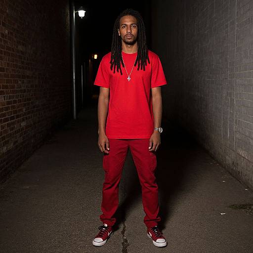 Photograph of a Black man with dreadlocks wearing a bright red T-shirt, red pants, and red sneakers, standing in a dimly lit,