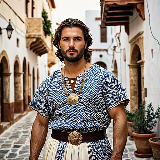 Man in Traditional Greek-Roman Tunic on Medieval Street