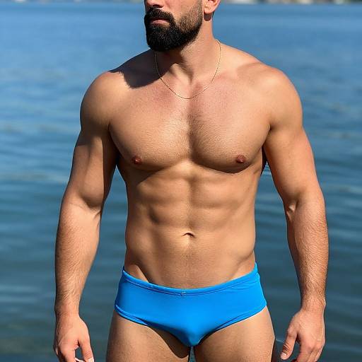 Photograph of a muscular, bearded man with light skin wearing bright blue swim briefs, standing by a clear blue sea, sunlight highlighting his defined
