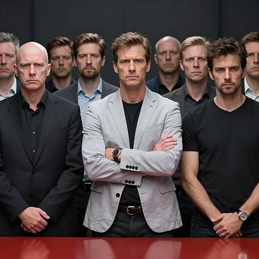 Men in Dark Room with Red Table