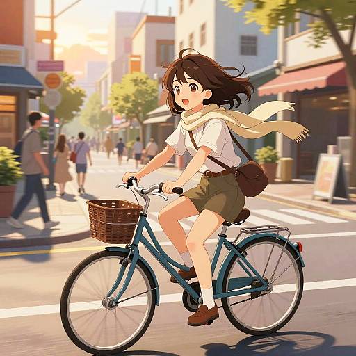 Anime-style digital drawing of a brown-haired girl in a white shirt, green shorts, and scarf, riding a blue bike with a basket on a sun