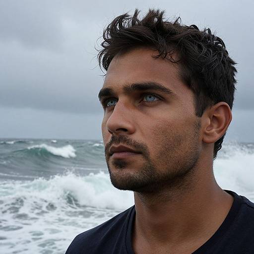 Photograph of a handsome, dark-haired man with blue eyes and stubble, looking pensively at the ocean under a cloudy sky. Wearing a