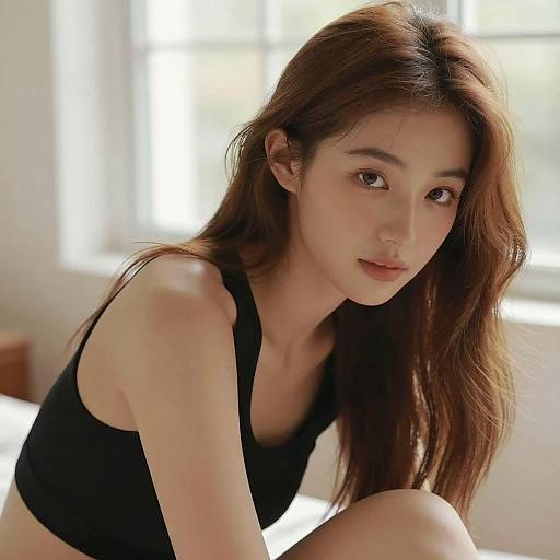 Photograph of an Asian woman with long brown hair, wearing a black tank top, sitting on a bed in a bright, sunlit room.