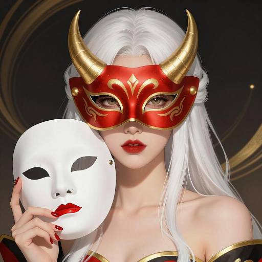 Young woman with horned red and gold mask holding white mask