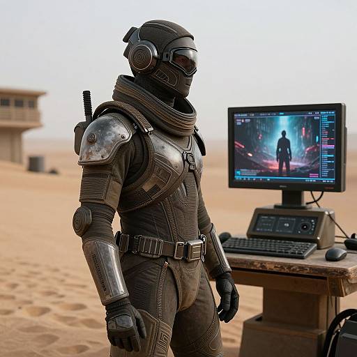 CGI image of a futuristic soldier in black armor with a gas mask, standing in a desert, beside a computer with a holographic display.