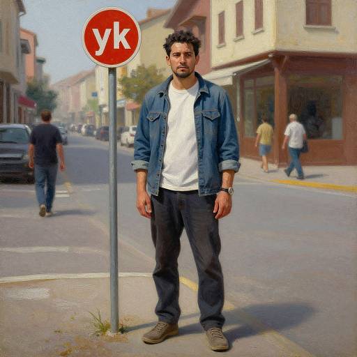 Photograph-style digital art of a bearded man with curly hair, wearing a denim jacket and white shirt, standing by a 