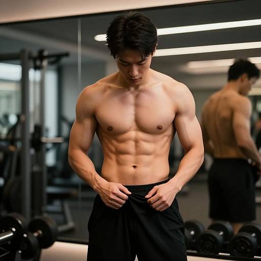 Photograph of a muscular, shirtless Asian man with short black hair, standing in a gym, adjusting black shorts, with a mirror reflection behind him