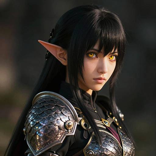 Digital art of an elf woman with long black hair, yellow eyes, pointed ears, and shiny silver armor, set against a dark, blurred background.