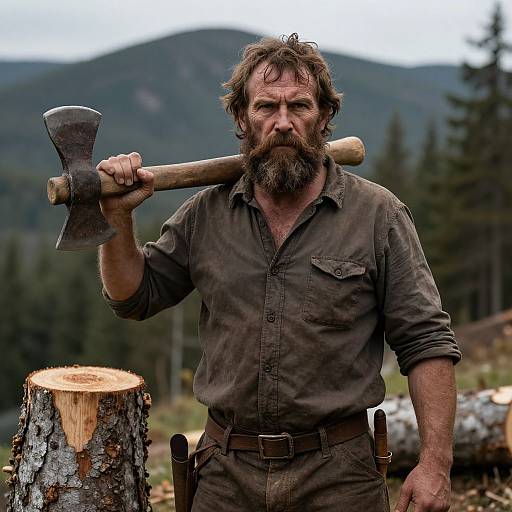 Photograph of a rugged, bearded man with messy brown hair, wearing a dark green button-up shirt, holding an axe over his shoulder, standing