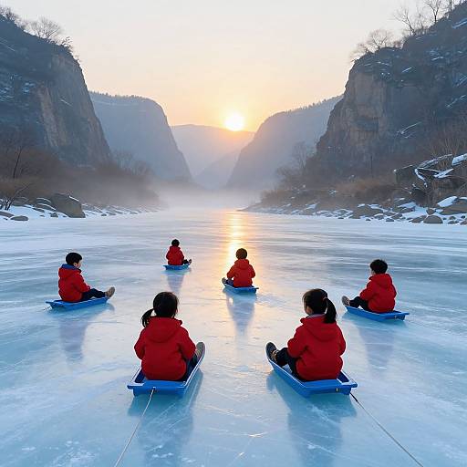 Photograph of six children in red jackets sitting on blue kayaks on a frozen river at sunset, surrounded by snow-covered cliffs.