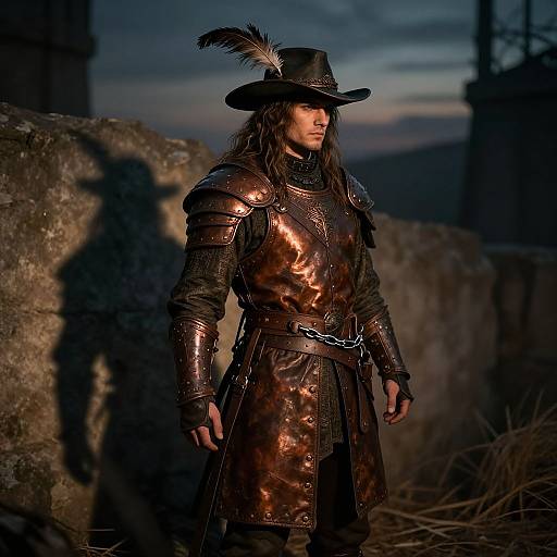Photograph of a long-haired man in copper armor with black leather accents, feathered hat, standing in a dimly lit, rocky, twilight setting
