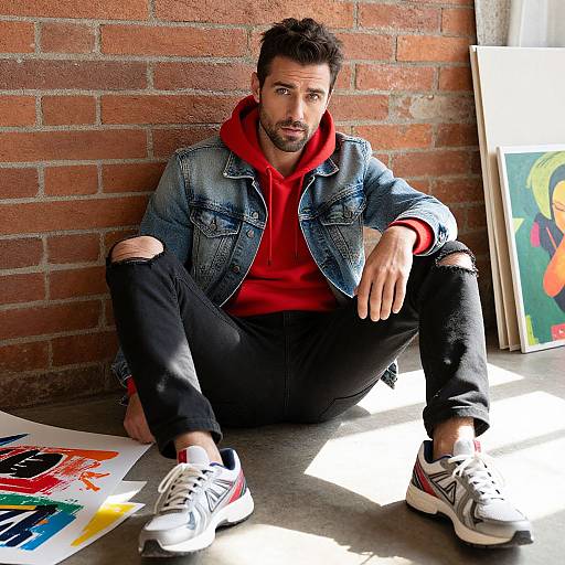 Photograph of a bearded man with dark hair, sitting against a brick wall, wearing a red hoodie, denim jacket, black ripped jeans, and