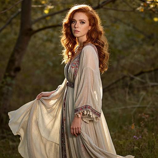 Photograph of a red-haired woman with long curls, wearing a flowing, cream-colored, embroidered dress, standing in a sunlit forest.