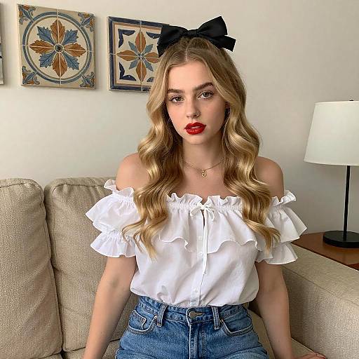 Young Woman Sitting on Beige Couch