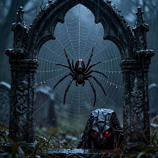 Photograph of a black spider centered in a wet, ornate stone archway web, with glowing red eyes on a stone skull below, surrounded by