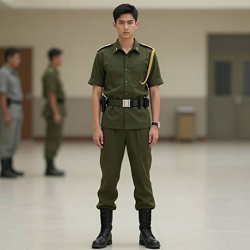 Photograph of an Asian male soldier in green uniform with yellow shoulder strap, black boots, standing in a bright, blurred room, with two other soldiers