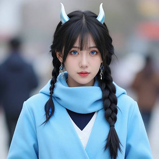 Photograph of an Asian woman with black hair in braids, blue eyes, wearing a light blue hoodie with white horns and blue earrings, standing in