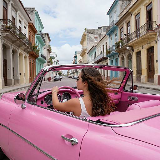 Photograph of a woman with long dark hair in a white tank top, driving a bright pink vintage convertible down a colorful, narrow street in a historic