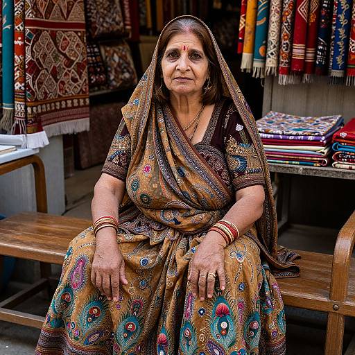 Photograph of an elderly Indian woman in a colorful, patterned sari, seated on a wooden bench, surrounded by traditional textiles.