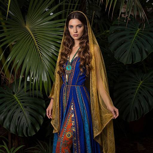 Photograph of a beautiful woman with long brown hair, wearing a blue and gold traditional dress with a translucent veil, adorned with a turquoise necklace, against