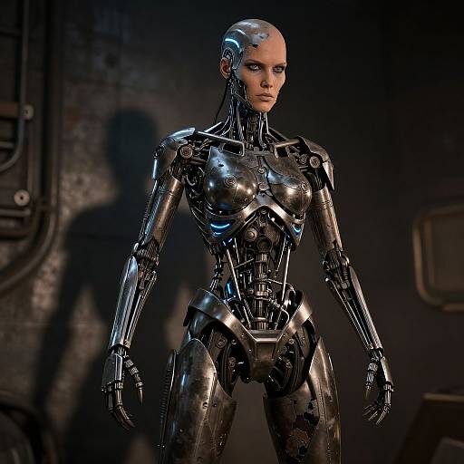 Photorealistic CGI of a bald, female humanoid robot with sleek, shiny black metallic armor, standing in a dimly lit, industrial background.