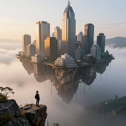 Photorealistic CGI: Silhouetted figure on cliff edge gazes at towering, sunlit skyscraper city floating above misty fog, reflecting