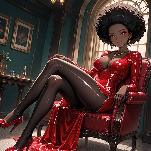 Confident Woman in Red Latex Dress Sitting on Chair