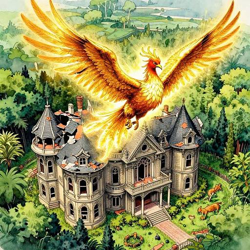 Digital illustration: A fiery, large phoenix with outstretched wings emerges from the roof of a Victorian-style mansion, surrounded by lush greenery and a