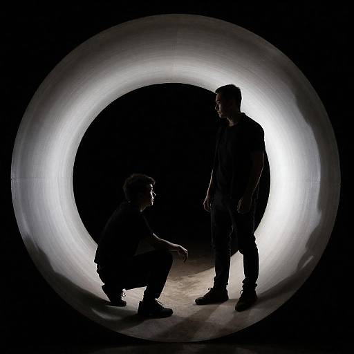 Silhouetted Men in Illuminated Metal Tunnel