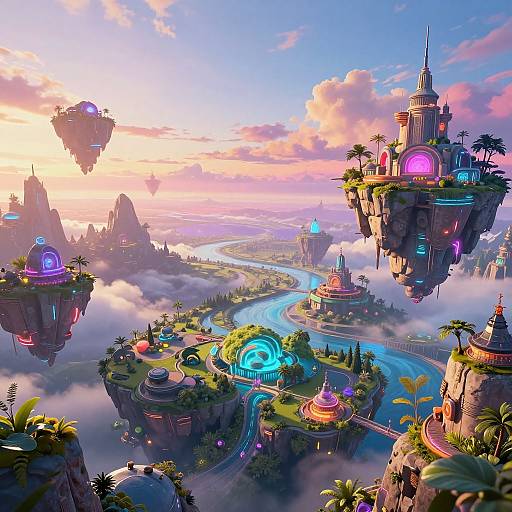 Vibrant, futuristic fantasy landscape with floating islands, glowing neon structures, winding rivers, and colorful skies at sunset. Digital art style.