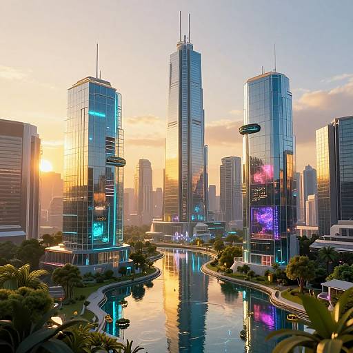 Photorealistic CGI of a futuristic cityscape at sunset, featuring sleek, glass skyscrapers with neon lights, a reflective river, and lush green