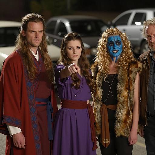 Group of Four People in Unique Outfits at Night