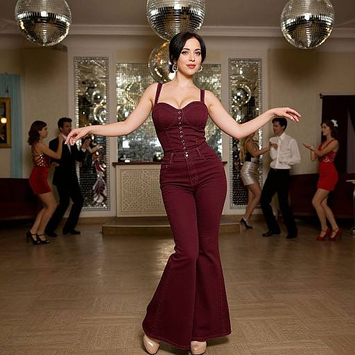 Photograph of a dancing woman in a maroon, form-fitting dress with button details, black hair in an updo, standing in a dim