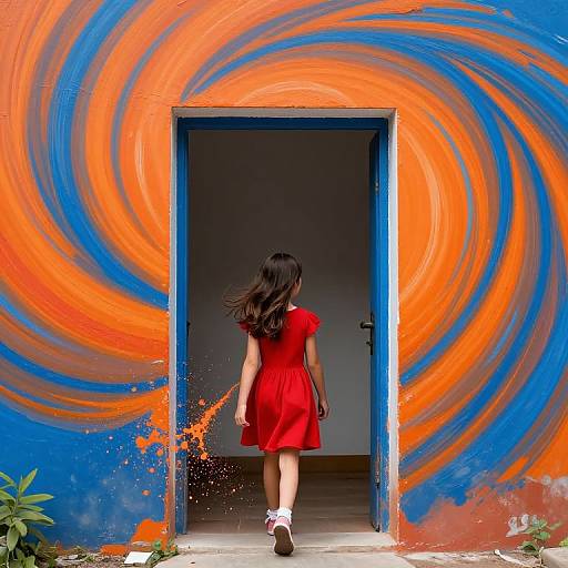 Girl in Red Amid Dynamic Mural