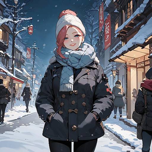 Digital anime-style illustration of a cute, red-haired woman in a black coat, white beanie, and blue scarf, standing in a snowy, illuminated