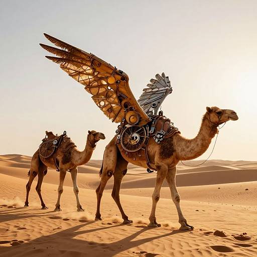 Photograph of two camels in a desert, equipped with intricate, mechanical feathered wings and gear, standing on sunlit sand dunes.