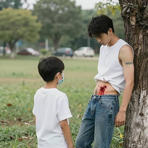 Intense Scene of Man and Boy in Field