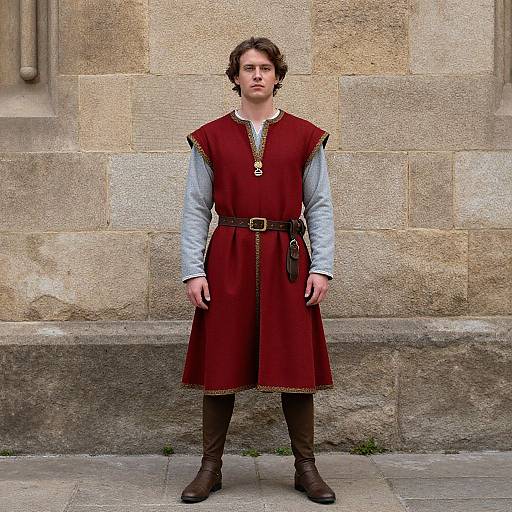 Photograph of a young man with curly brown hair, wearing a medieval-style red tunic, light blue shirt, brown belt, and boots, standing