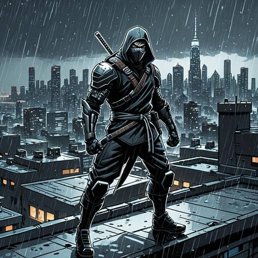 Cybernetic Ninja on Rainy Rooftop