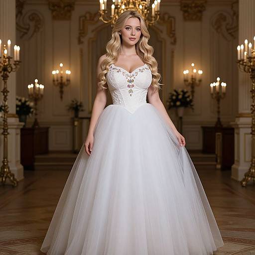 Blonde woman with wavy hair in a white lace bodice and tulle ballgown stands in an ornate, candlelit room. Photograph