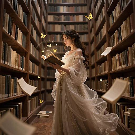 Woman in Surreal Library of Stories