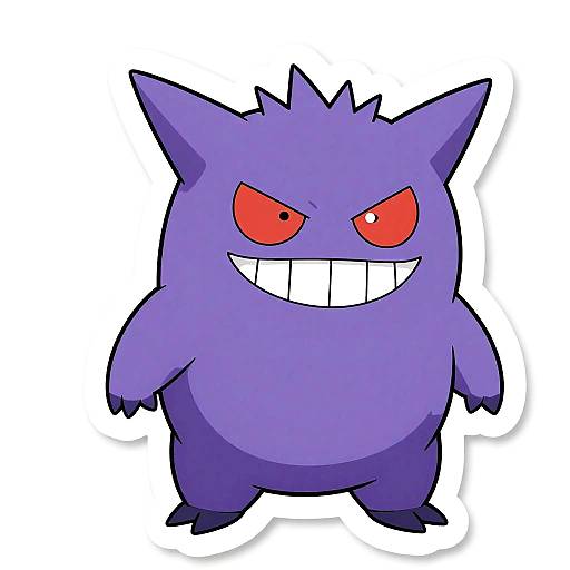 Digital drawing of a cartoonish, purple Gengar with red eyes and a wide, white-toothed grin, standing against a white background.