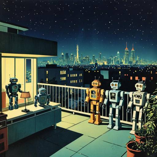 Vintage Futuristic Robots on Urban Rooftop at Night