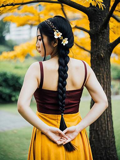 Young Woman with Long Braid and Flower Ornament Outdoors