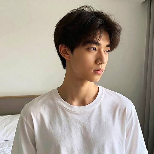 Young Man with Bedhead Hairstyle in Minimalist Apartment