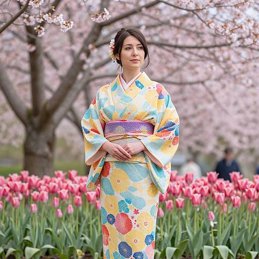 Photograph of an Asian woman in a vibrant yellow floral kimono, standing amidst pink tulips and cherry blossom trees, with a blurred person in the