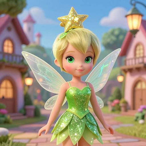 Digital CGI of a cute blonde fairy with green eyes, wearing a sparkling green dress and transparent wings, topped with a glittery gold star, standing in