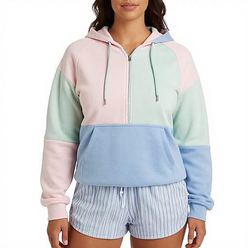 Photograph of a woman with medium skin tone wearing a pastel pink, blue, and mint green hooded sweatshirt with blue shorts, standing against