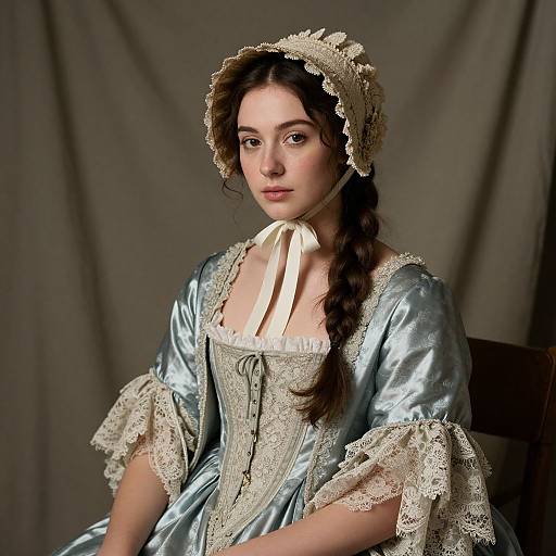 Photograph of a young woman with fair skin, dark braided hair, wearing an 18th-century blue satin dress with lace trim, white ribbon